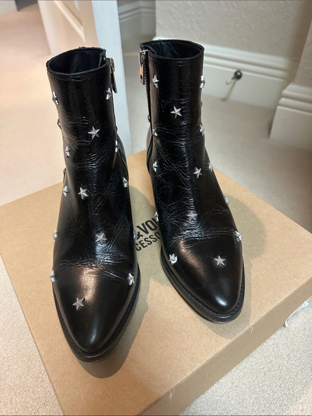 Zadig & Voltaire Tyler Vintage Patent Black Star-Studded Leather Ankle Boots